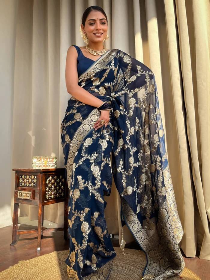 Balaji's Banarasi Silk Embellished Saree With Unstitched Blouse Piece ( Blue ) Balaji's Banarasi Silk Embellished Saree With Unstitched Blouse Piece ( Blue )