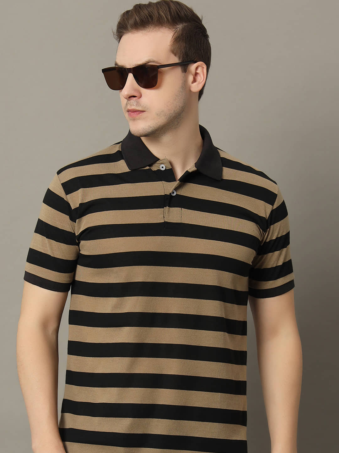 GET GOLF Pack of 1 Cotton Blend Regular Fit Striped Half Sleeves Men's Polo T Shirt ( Black )