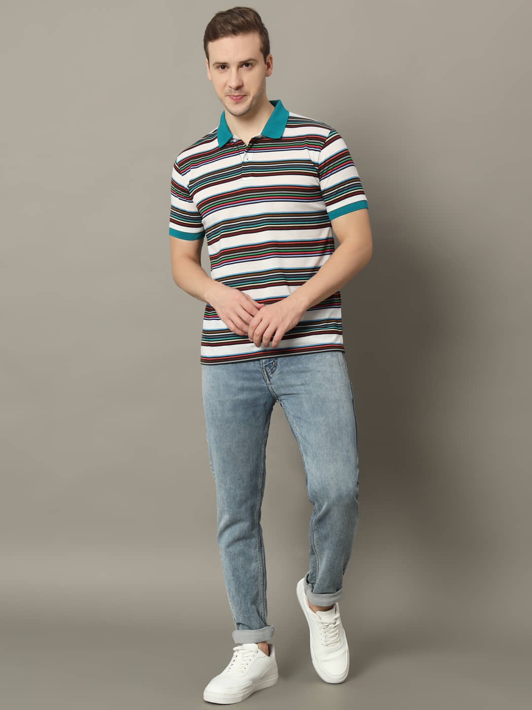 GET GOLF Pack of 1 Cotton Blend Regular Fit Striped Half Sleeves Men's Polo T Shirt ( Green )