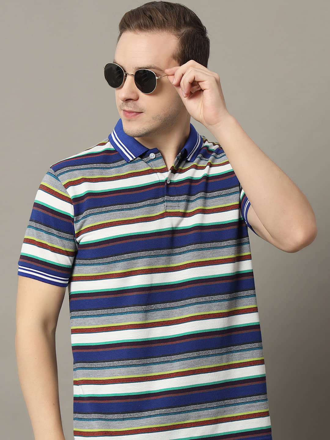 GET GOLF Pack of 1 Cotton Blend Regular Fit Striped Half Sleeves Men's Polo T Shirt ( Blue )