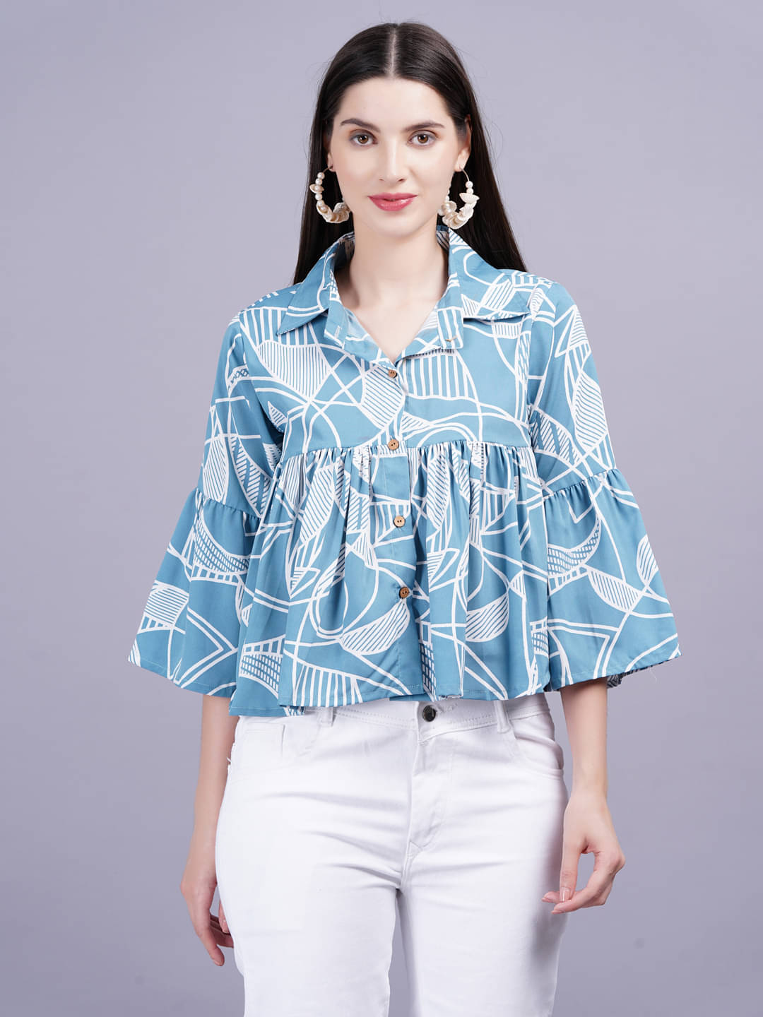     			Jyoti Women Printed Rayon Shirt ( Blue )