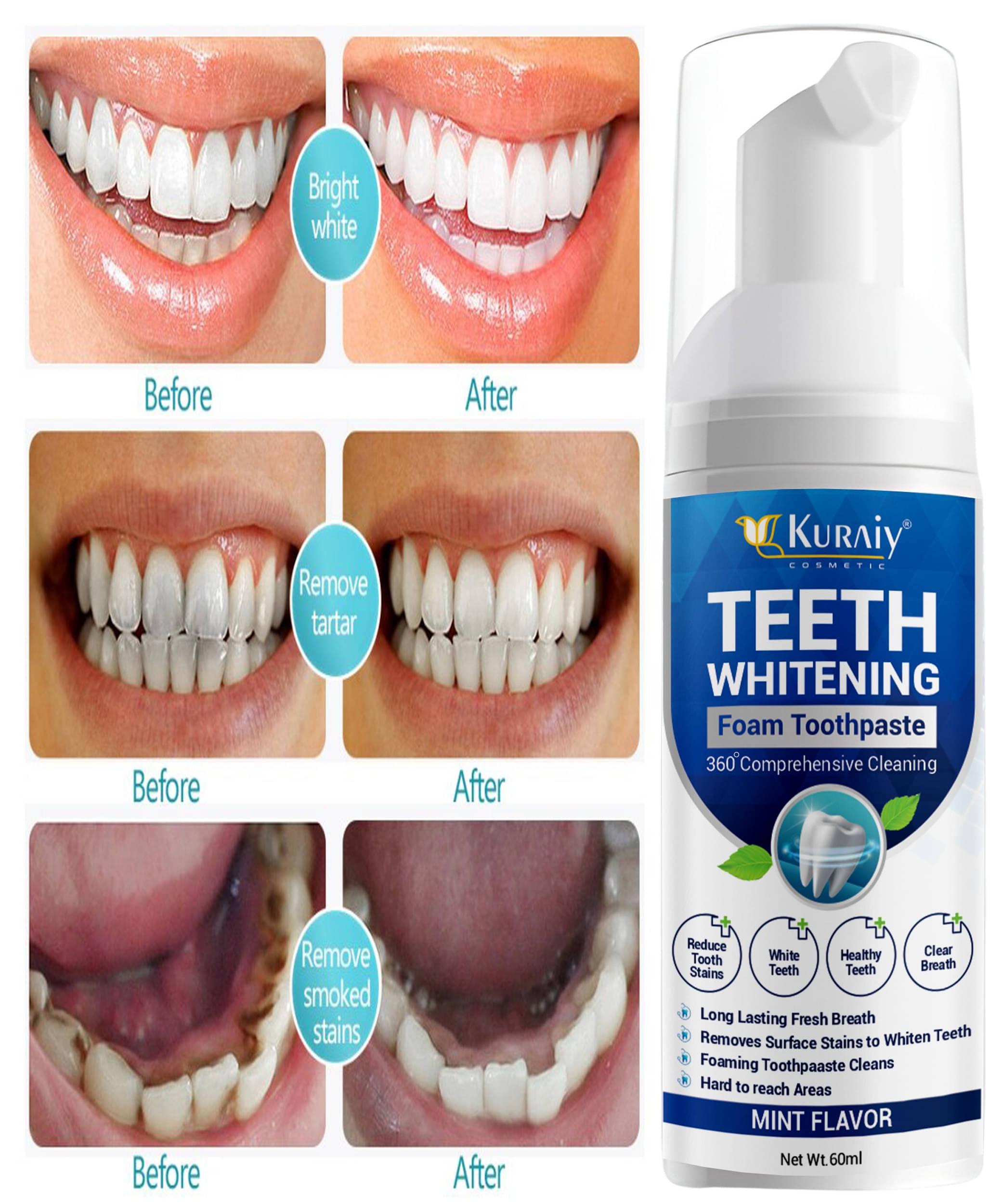 KURAIY Teeth Whitening Oral Hygiene Breath Toothpaste Foam 60ML KURAIY Teeth Whitening Oral Hygiene Breath Toothpaste Foam 60ML
