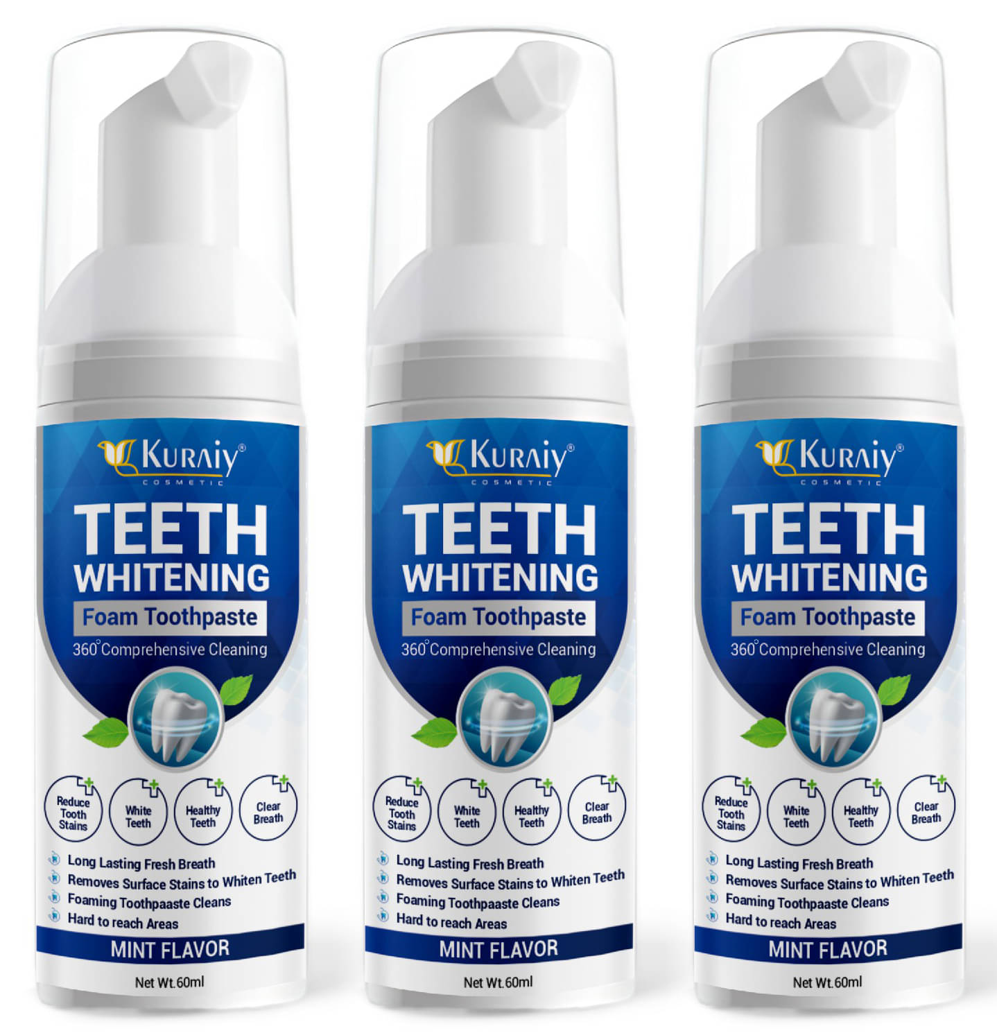 KURAIY Teeth Whitening Oral Hygiene Breath Toothpaste Foam 60ML Pack of 3 KURAIY Teeth Whitening Oral Hygiene Breath Toothpaste Foam 60ML Pack of 3