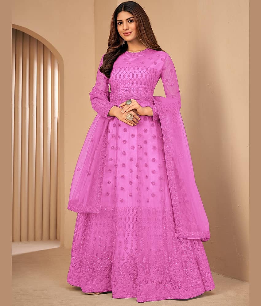 A TO Z CART Pink Flared Net Women's Semi Stitched Ethnic Gown ( Pack of 1 ) - Unstitched Fabrics | Buy online on ZillyBuy