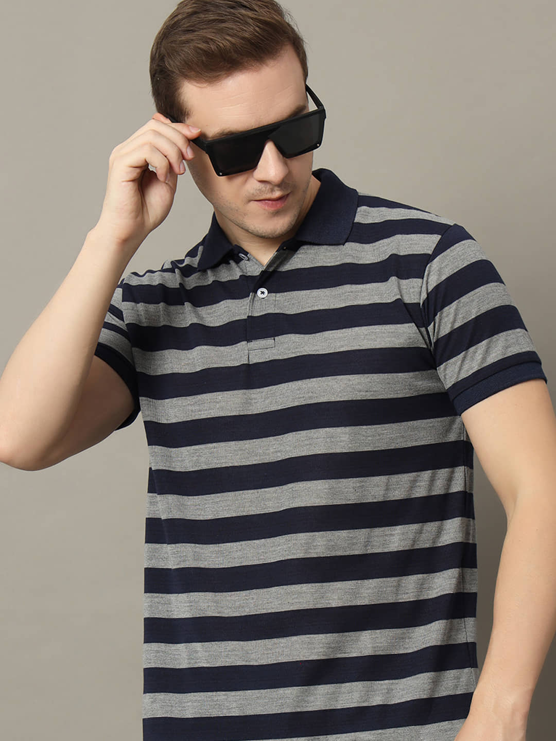 GET GOLF Pack of 1 Cotton Blend Regular Fit Striped Half Sleeves Men's Polo T Shirt ( Navy )