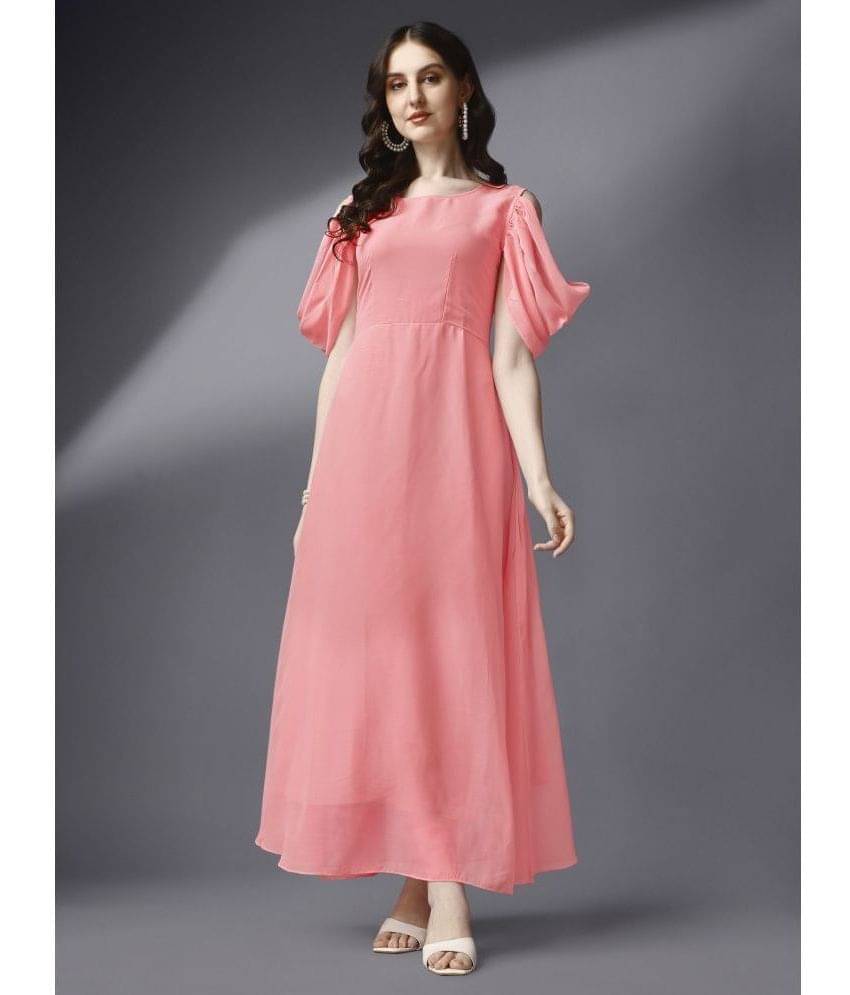 JASH CREATION Women Georgette Solid Fit & Flare Dress ( Peach ) JASH CREATION Women Georgette Solid Fit & Flare Dress ( Peach )
