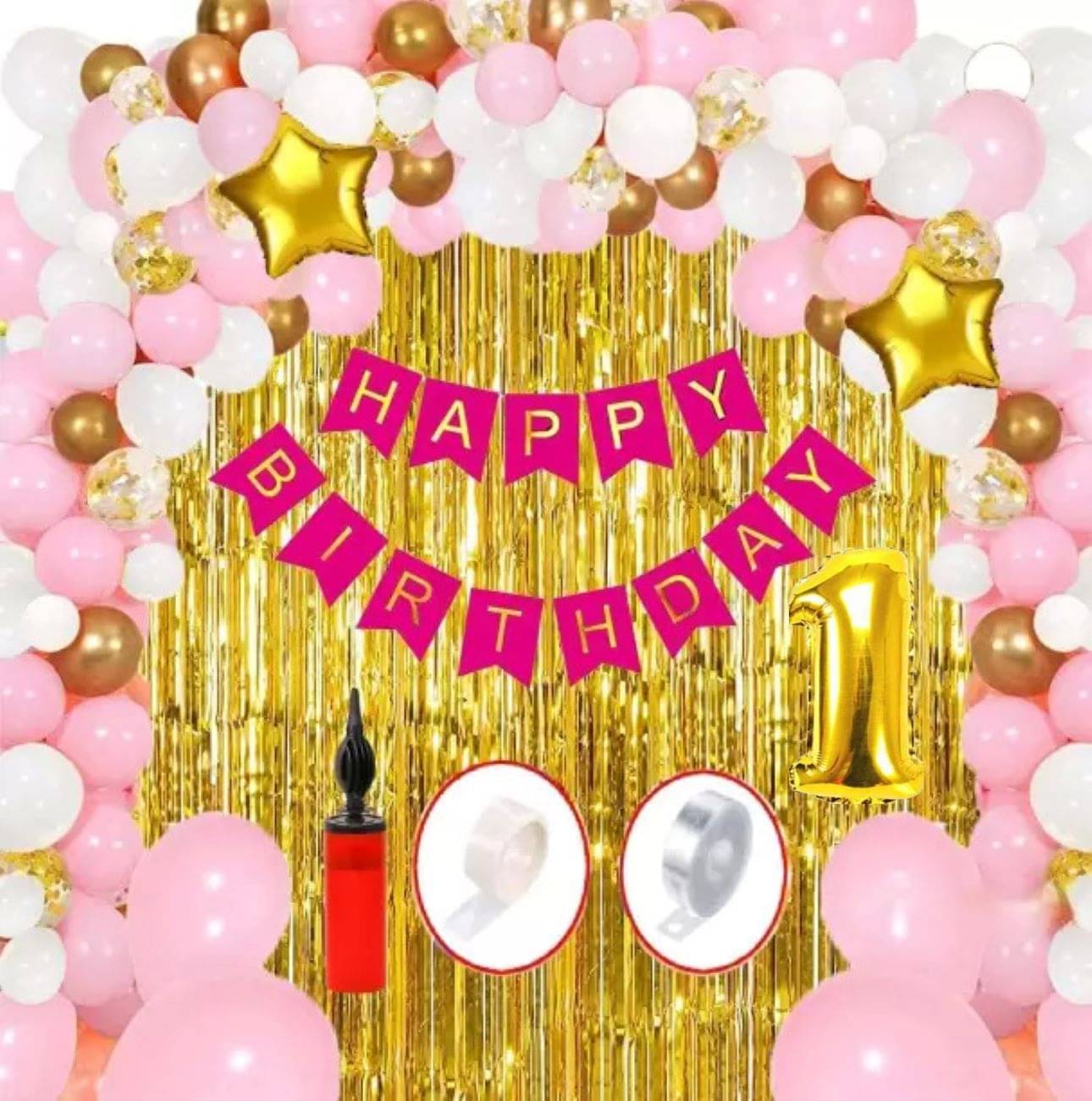    			KR 1ST / FIRST HAPPY BIRTHDAY PARTY ( CELEBRATION ) DECORATION WITH HAPPY BIRTHDAY PINK BANNER (13), 2 GOLD FOIL CURTAIN, 1 ARCH, 1 GLUE, 50 PINK WHITE GOLD BALLOON, 1 PUMP, 3 CONFETTI BALLOON, 2 GOLD STAR BALLOON, 1 NO. GOLD FOIL BALLOON