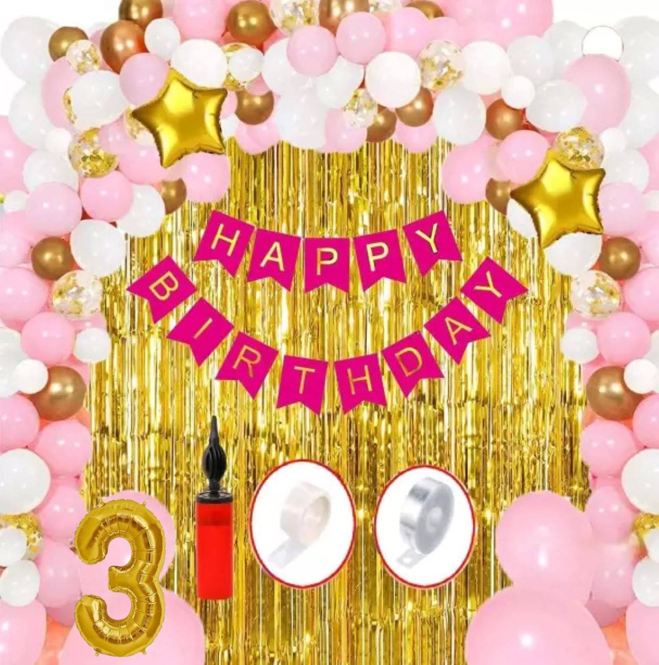     			KR 3RD / THIRD HAPPY BIRTHDAY PARTY ( CELEBRATION ) DECORATION WITH HAPPY BIRTHDAY PINK BANNER (13), 2 GOLD FOIL CURTAIN, 1 ARCH, 1 GLUE, 50 PINK WHITE GOLD BALLOON, 1 PUMP, 3 CONFETTI BALLOON, 2 GOLD STAR BALLOON, 3 NO. GOLD FOIL BALLOON
