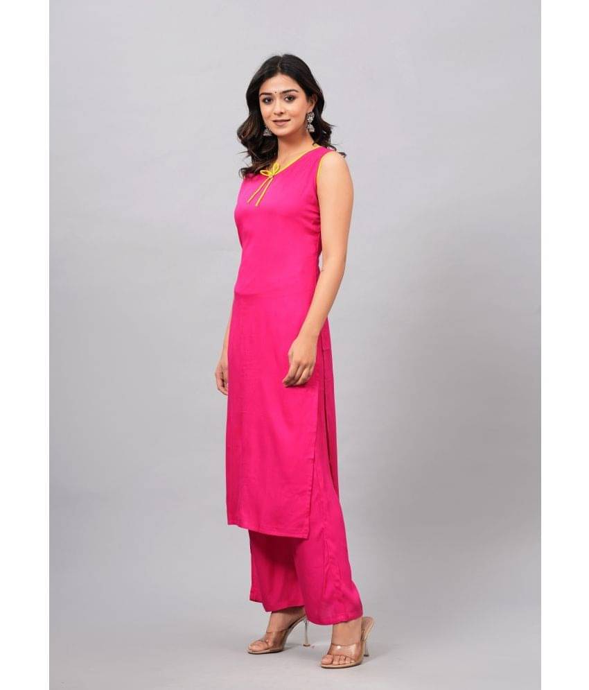 Maquien Rayon Solid Kurti With Palazzo Women's Stitched Salwar Suit - Pink ( Pack of 1 ) Maquien Rayon Solid Kurti With Palazzo Women's Stitched Salwar Suit - Pink ( Pack of 1 )