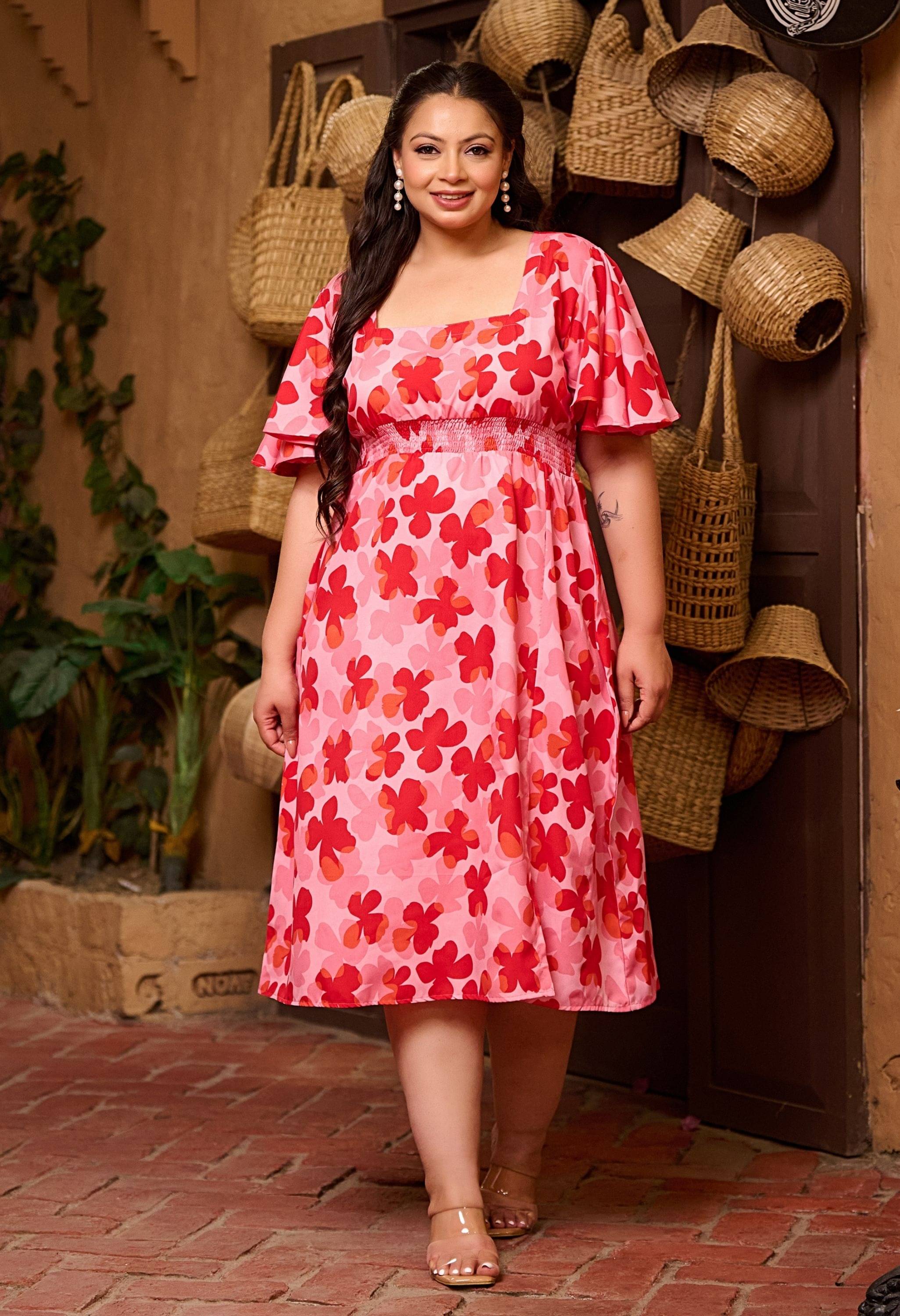 PrettyPlus by Desinoor.com Crepe Printed Midi Women's Fit & Flare Dress - Red ( Pack of 1 ) PrettyPlus by Desinoor.com Crepe Printed Midi Women's Fit & Flare Dress - Red ( Pack of 1 )