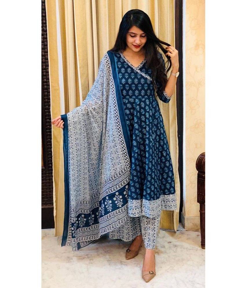     			Sidhidata Rayon Printed Kurti With Palazzo Women's Stitched Salwar Suit - Blue ( Pack of 1 )