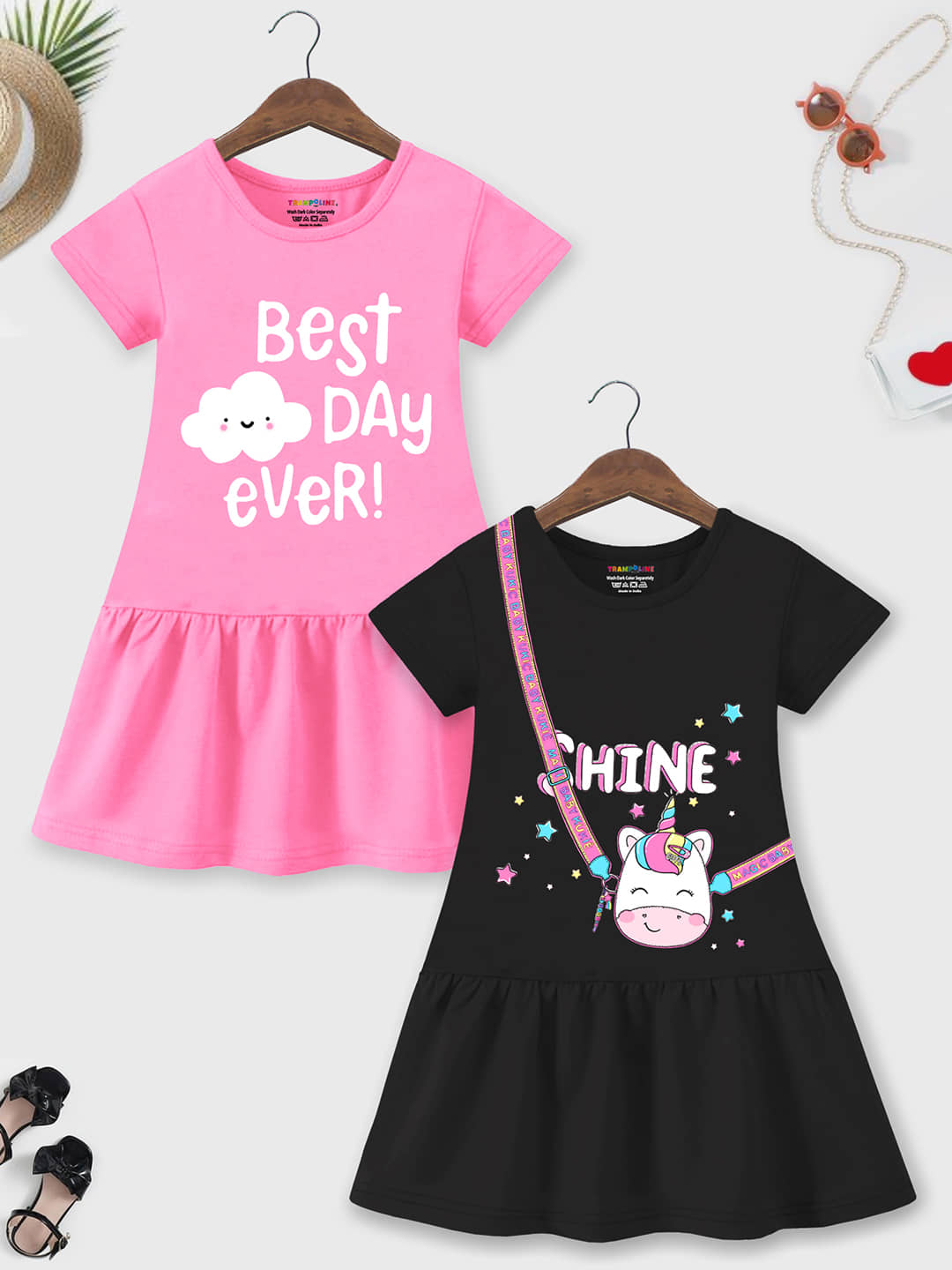 Trampoline Cotton Blend A-line Dress For Girls ( Pack of 2 , Pink & Black )