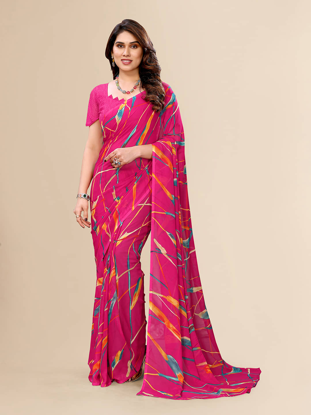 ANAND SAREES Georgette Printed Saree With Unstitched Blouse Piece ( Yellow ) - Sarees | Buy online on ZillyBuy
