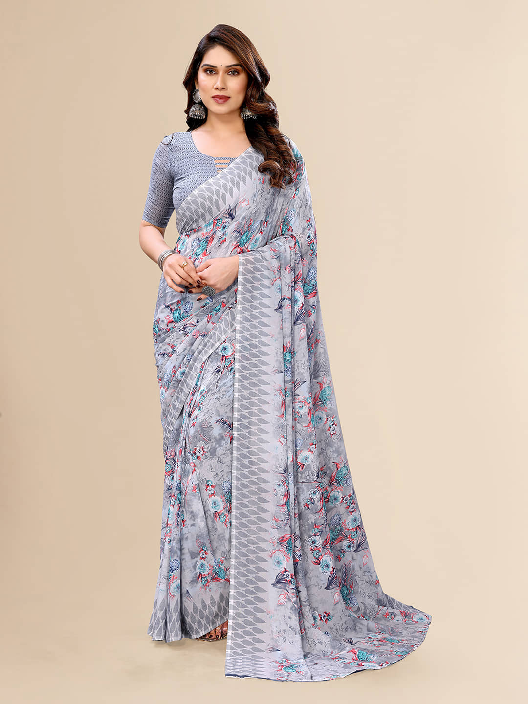 ANAND SAREES Georgette Printed Saree With Unstitched Blouse Piece ( Peach ) - Sarees | Buy online on ZillyBuy