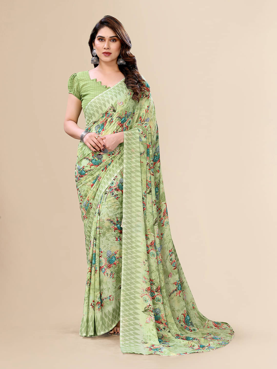     			ANAND SAREES Georgette Printed Saree With Unstitched Blouse Piece ( Light Green )