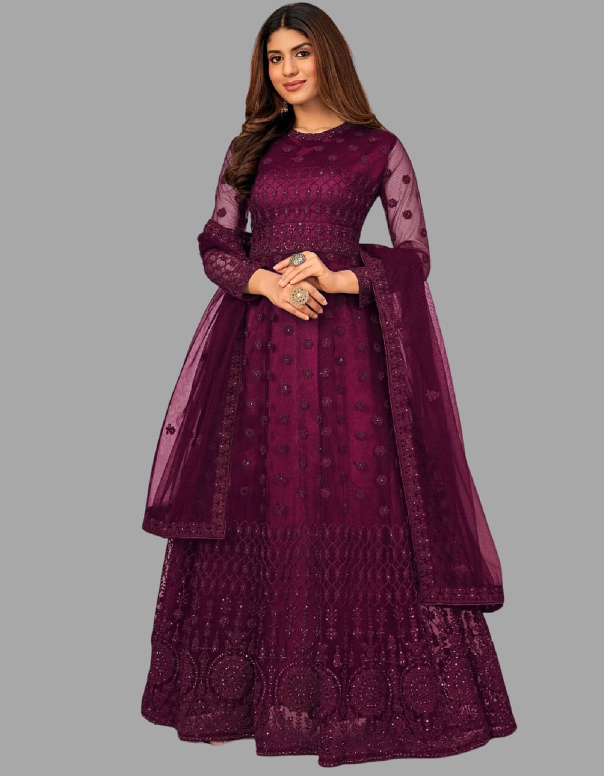 Aika Magenta Flared Net Women's Semi Stitched Ethnic Gown ( Pack of 1 ) Aika Magenta Flared Net Women's Semi Stitched Ethnic Gown ( Pack of 1 )