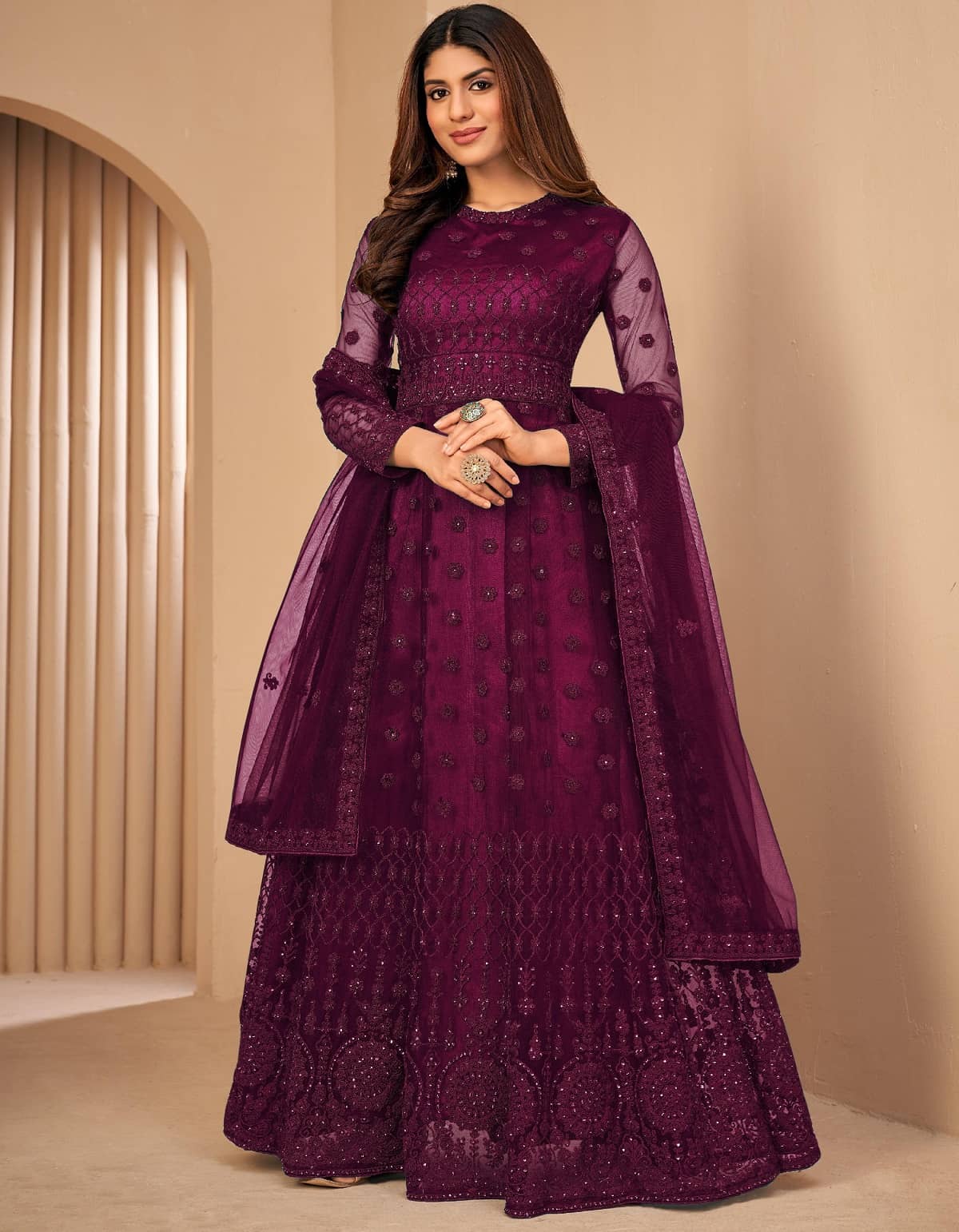 Apnisha Magenta Flared Net Women's Semi Stitched Ethnic Gown ( Pack of 1 ) - Unstitched Fabrics | Buy online on ZillyBuy