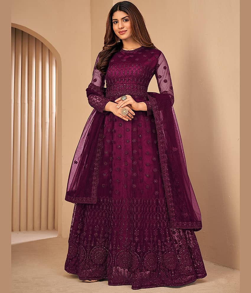 Apnisha Magenta Flared Net Women's Semi Stitched Ethnic Gown ( Pack of 1 ) - Unstitched Fabrics | Buy online on ZillyBuy