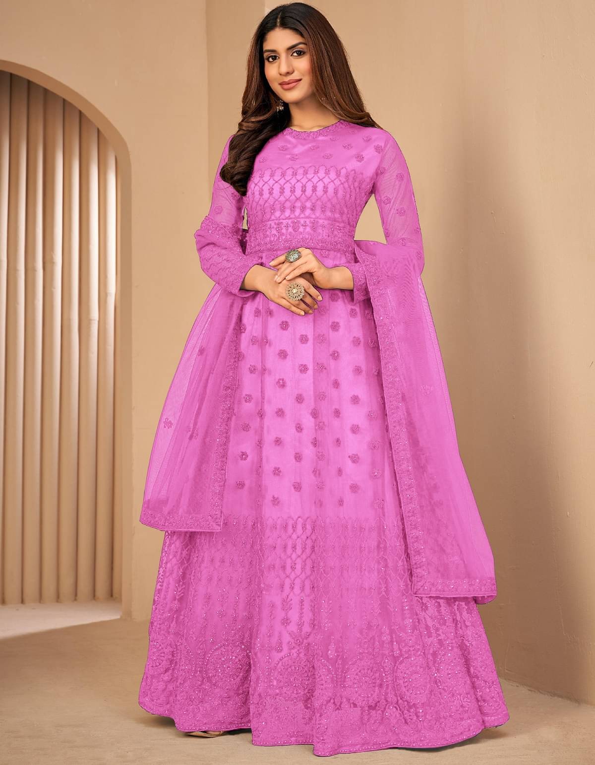 Apnisha Pink Flared Net Women's Semi Stitched Ethnic Gown ( Pack of 1 ) Apnisha Pink Flared Net Women's Semi Stitched Ethnic Gown ( Pack of 1 )
