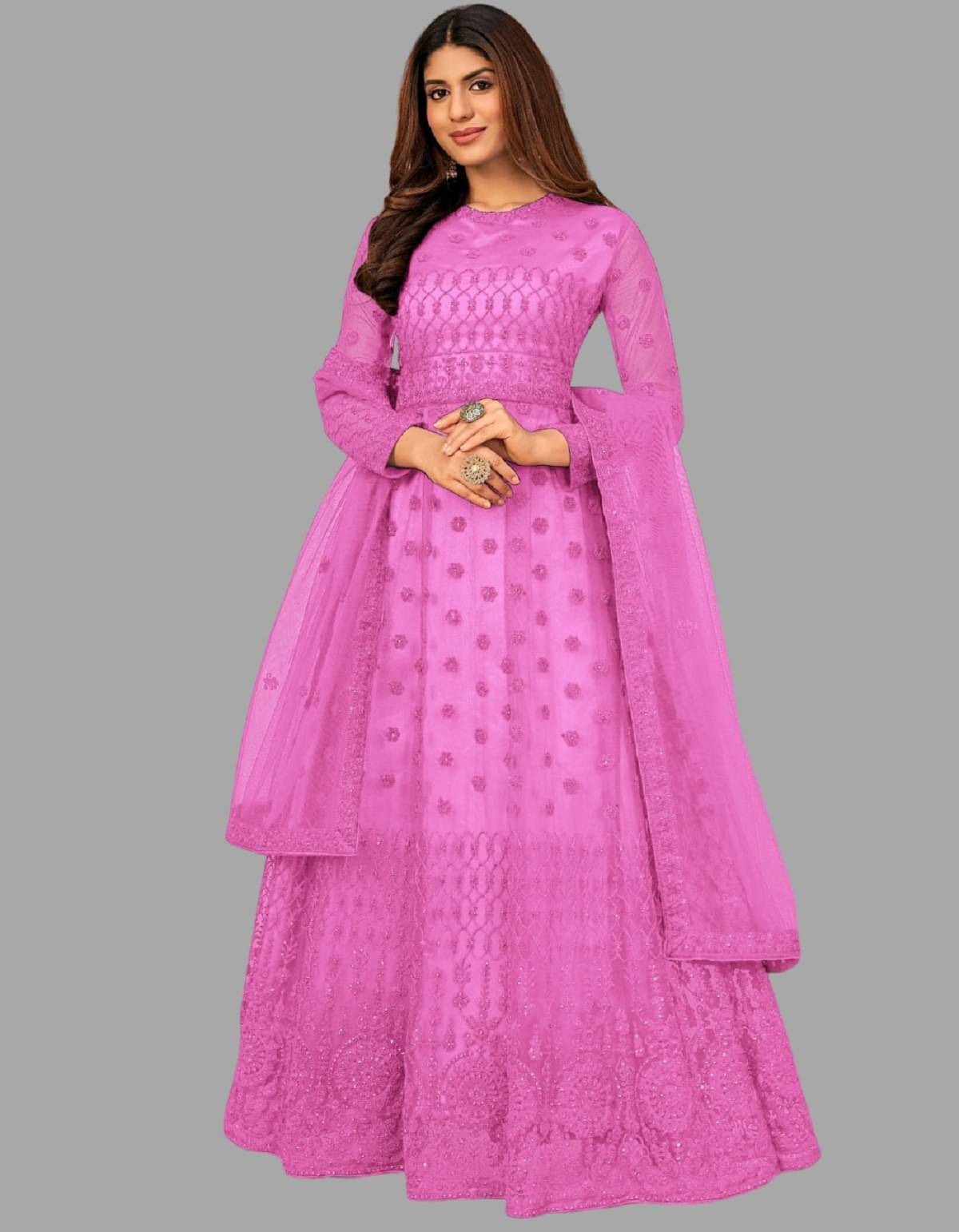 Apnisha Pink Flared Net Women's Semi Stitched Ethnic Gown ( Pack of 1 )     			Apnisha Pink Flared Net Women's Semi Stitched Ethnic Gown ( Pack of 1 )