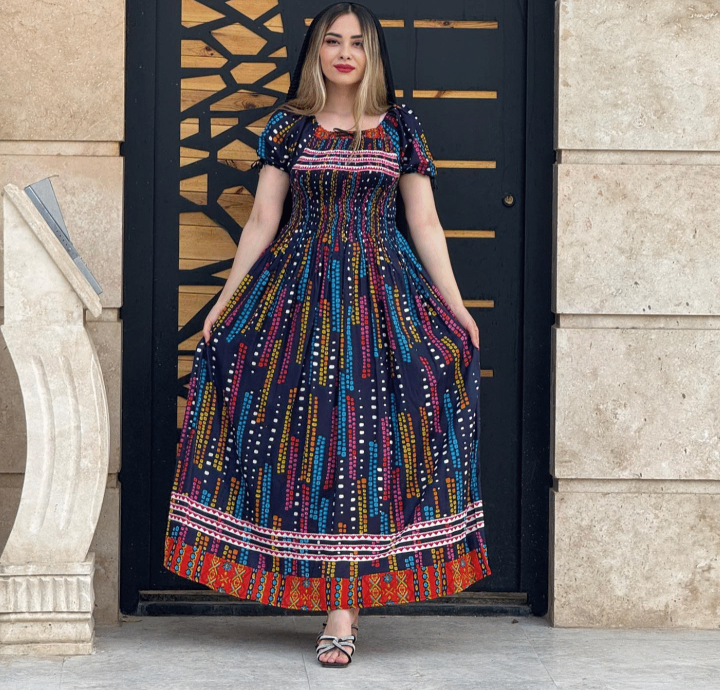     			COMFY ATTIRE Women Rayon Printed Fit & Flare Dress ( Navy Blue )