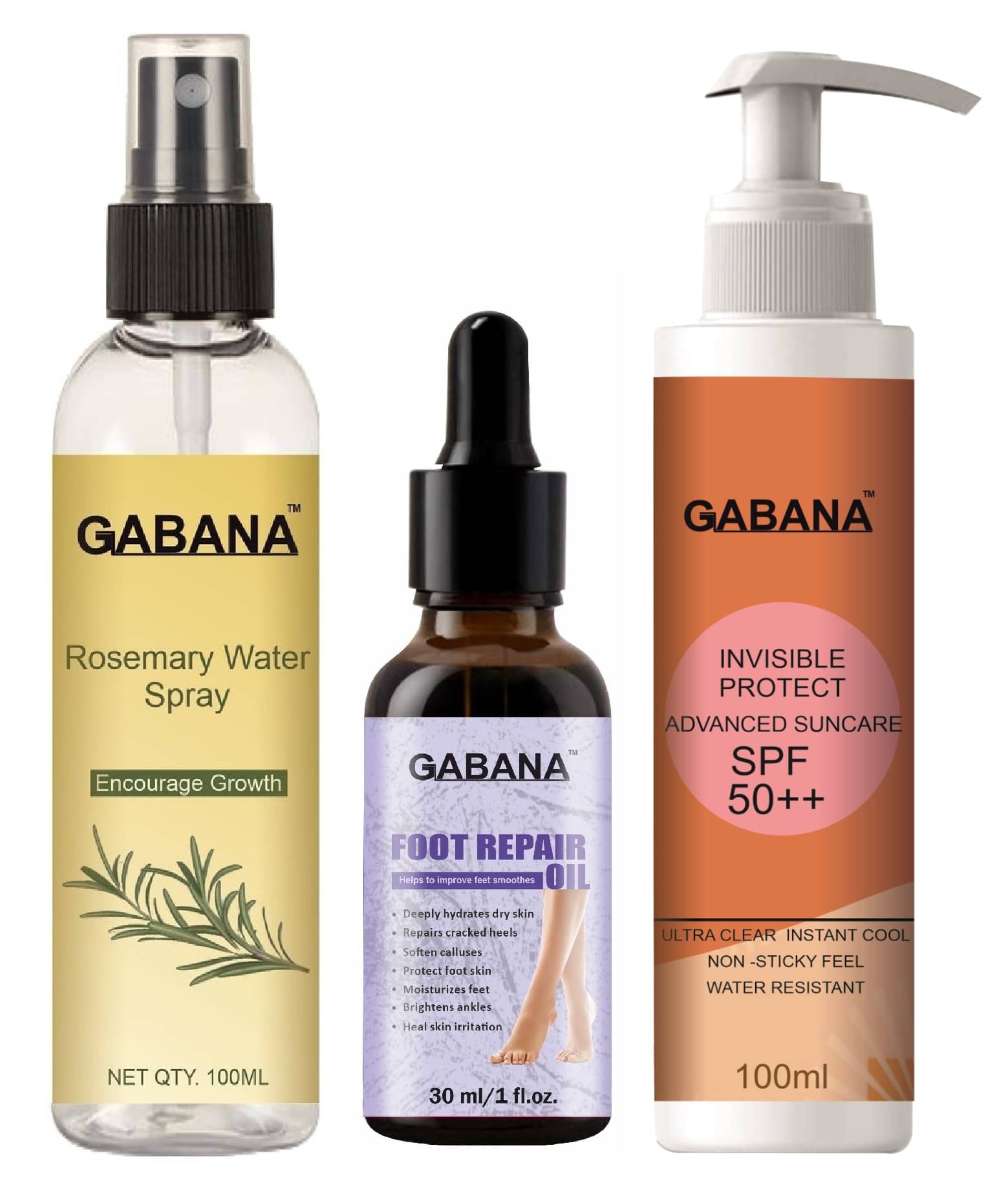    			Gabana Beauty Natural Rosemary Water | Hair Spray For Regrowth 100ml, Foot Repair Oil/Serum 30ml & Advance Sunscreen with SPF 50++ 100ml - Set of 3 Items