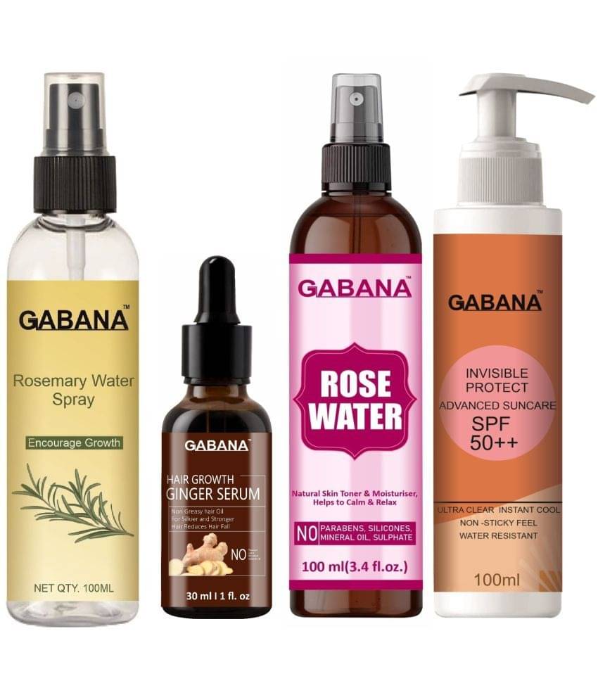     			Gabana Beauty Natural Rosemary Water | Hair Spray For Regrowth 100ml, Hair Growth Ginger Serum 30ml, Natural Rose Water 100ml & Advance Sunscreen with SPF 50++ 100ml - Set of 4 Items