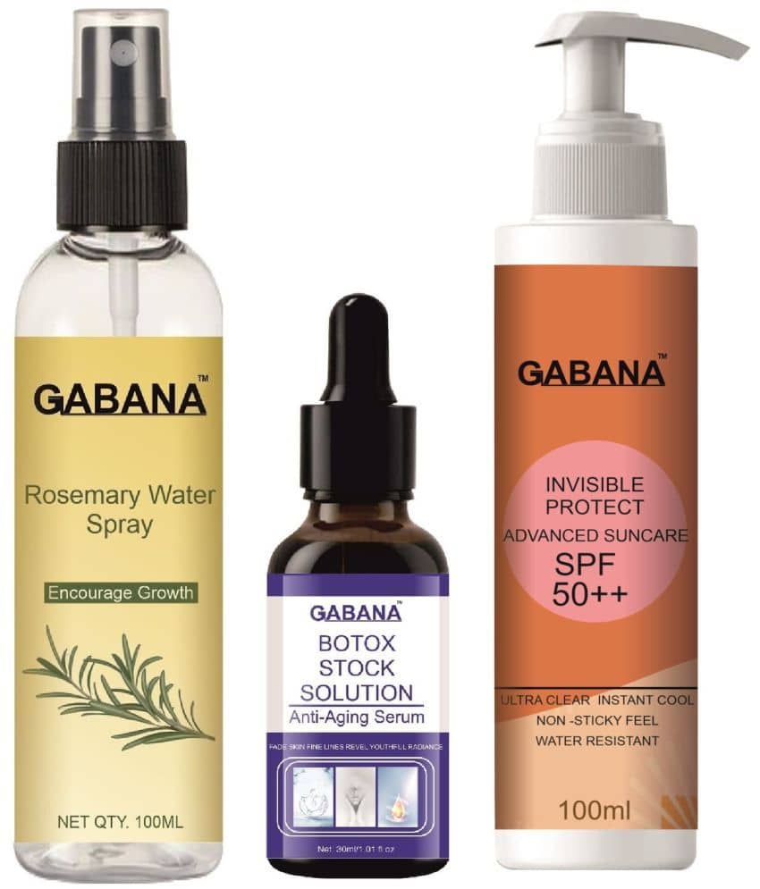 Gabana Beauty Natural Rosemary Water | Hair Spray For Regrowth 100ml, Botox Stock Solution Anti Ageing Serum 30ml & Advance Sunscreen with SPF 50++ 100ml - Set of 3 Items