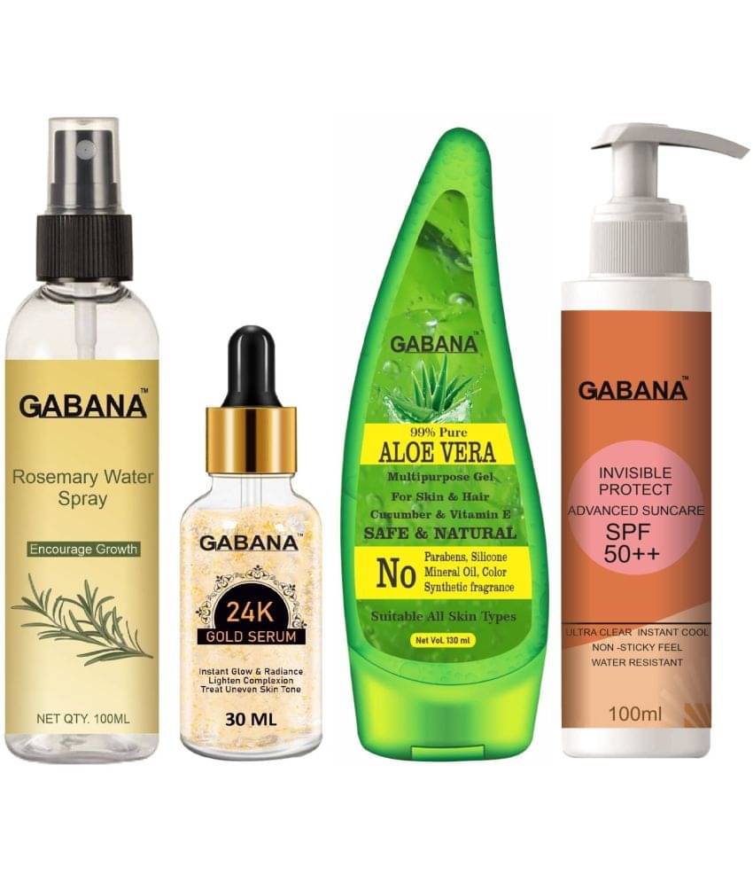 Gabana Natural Rosemary Water | Hair Spray For Regrowth 100ml, 24K Gold Face Serum 30ml, Aloe Vera Face Gel 130ml & Advance Sunscreen with SPF 50++ 100ml - Set of 4 Items Gabana Natural Rosemary Water | Hair Spray For Regrowth 100ml, 24K Gold Face Serum 30ml, Aloe Vera Face Gel 130ml & Advance Sunscreen with SPF 50++ 100ml - Set of 4 Items
