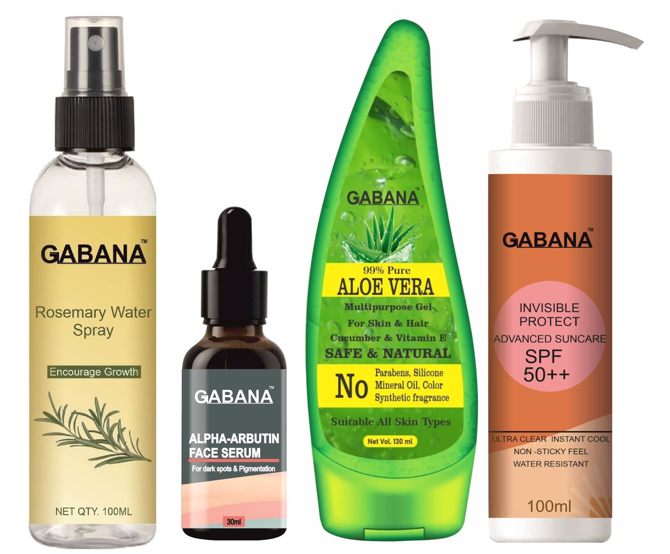 Gabana Natural Rosemary Water | Hair Spray For Regrowth 100ml, Alpha Arbutin Face Serum 30ml, Aloe Vera Face Gel 130ml & Advance Sunscreen with SPF 50++ 100ml - Set of 4 Items Gabana Natural Rosemary Water | Hair Spray For Regrowth 100ml, Alpha Arbutin Face Serum 30ml, Aloe Vera Face Gel 130ml & Advance Sunscreen with SPF 50++ 100ml - Set of 4 Items