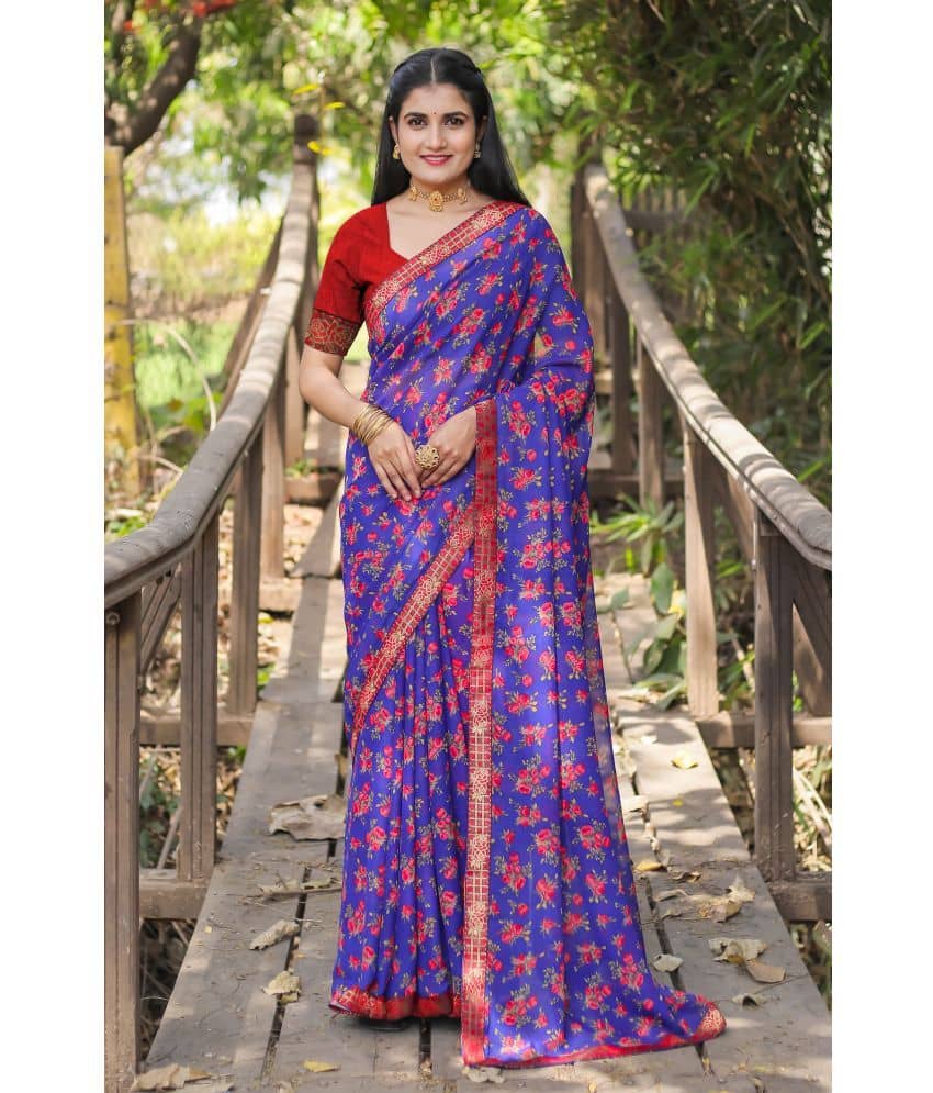 Kanooda Prints Georgette Printed Saree With Unstitched Blouse Piece ( Blue )