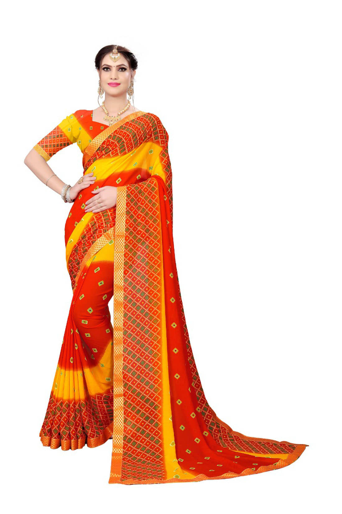 Kanooda Prints Georgette Printed Saree With Unstitched Blouse Piece ( Orange ) - Sarees | Buy online on ZillyBuy