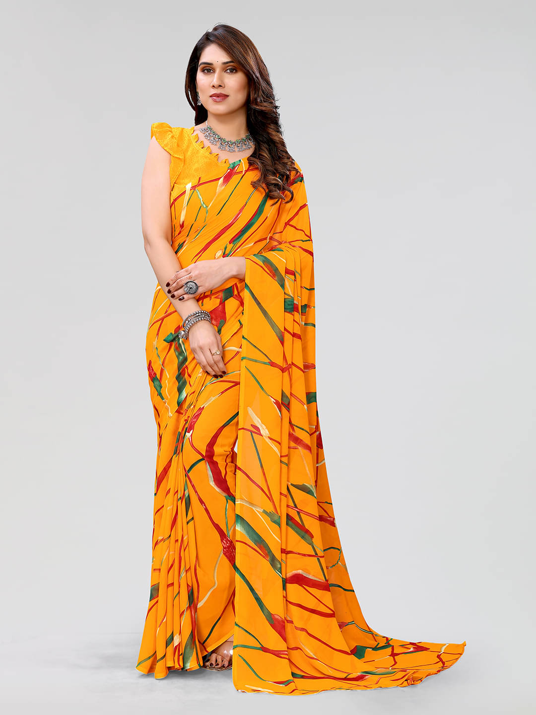 Kashvi Sarees Georgette Printed Saree With Unstitched Blouse Piece ( Yellow ) Kashvi Sarees Georgette Printed Saree With Unstitched Blouse Piece ( Yellow )
