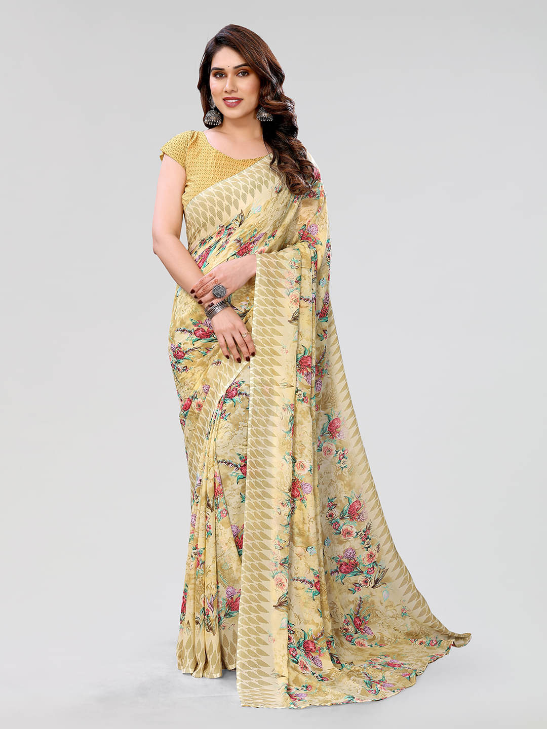Kashvi Sarees Georgette Printed Saree With Unstitched Blouse Piece ( Yellow ) Kashvi Sarees Georgette Printed Saree With Unstitched Blouse Piece ( Yellow )