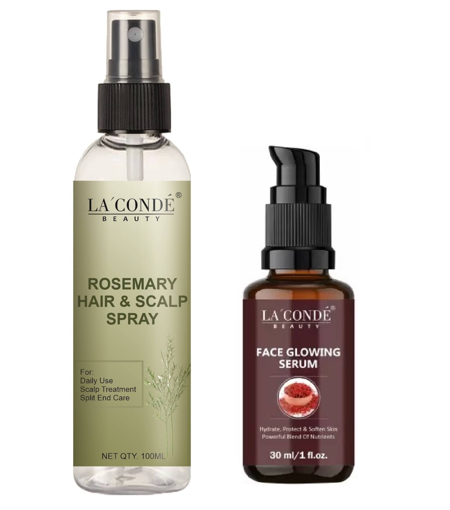 LaConde Beauty Natural Rosemary Water | Hair Spray For Regrowth 100ml & Natural Face Glowing Serum 30ml - Set of 2 Items LaConde Beauty Natural Rosemary Water | Hair Spray For Regrowth 100ml & Natural Face Glowing Serum 30ml - Set of 2 Items