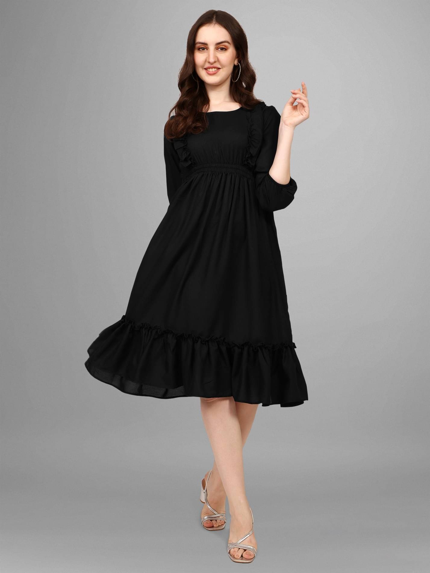     			RAIYANI FASHION Women Polyester Solid Fit & Flare Dress ( Black )