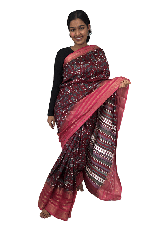     			Sitanjali Silk Blend Printed Saree With Unstitched Blouse Piece ( Maroon )