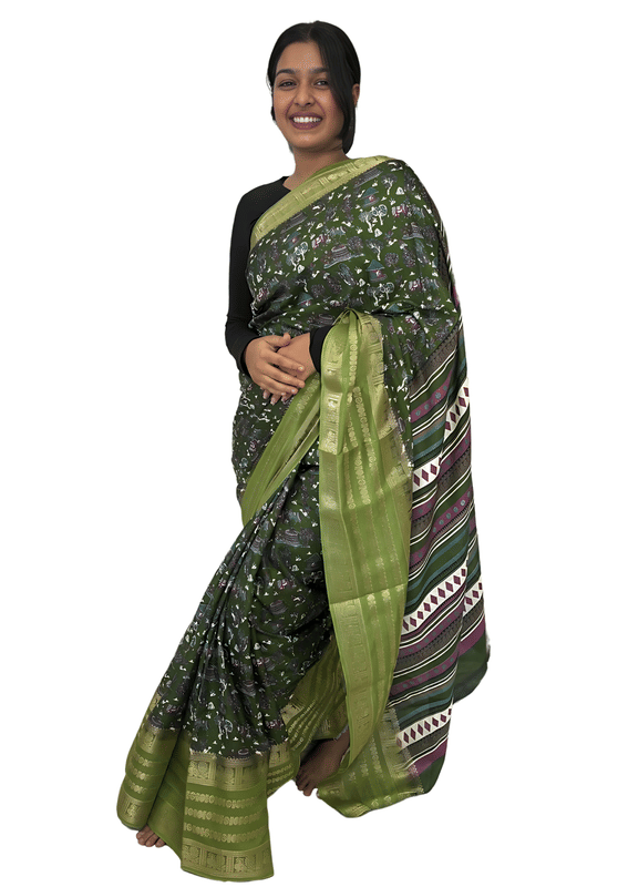     			Sitanjali Silk Blend Printed Saree With Unstitched Blouse Piece ( Green )