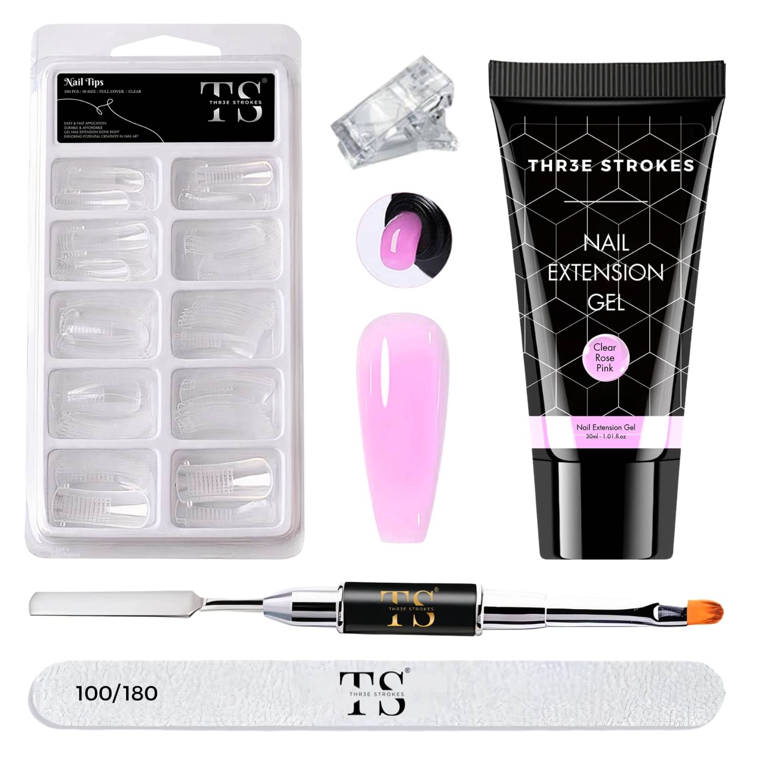     			THR3E STROKES Poly Gel Nail Extension Set Nails Art Combo Kit Nail Extension Kit (C. Rose Pink) 30 g