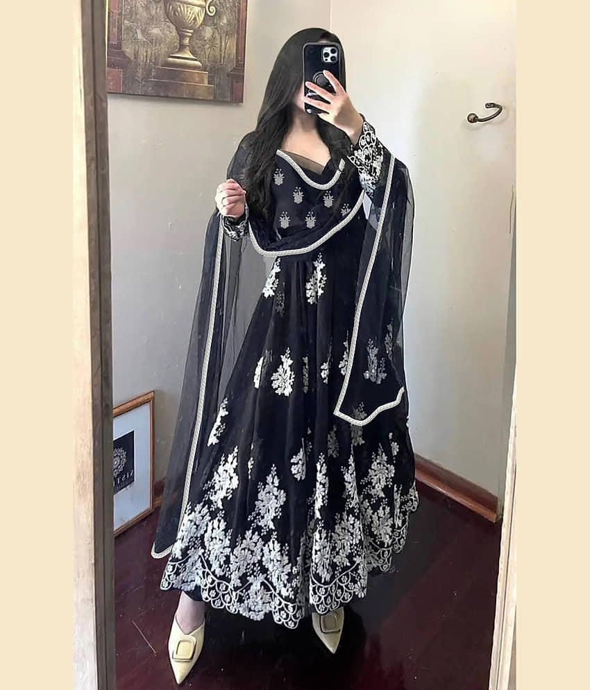 Trijal Fab Black Anarkali Georgette Women's Stitched Ethnic Gown ( Pack of 1 ) - Unstitched Fabrics | Buy online on ZillyBuy