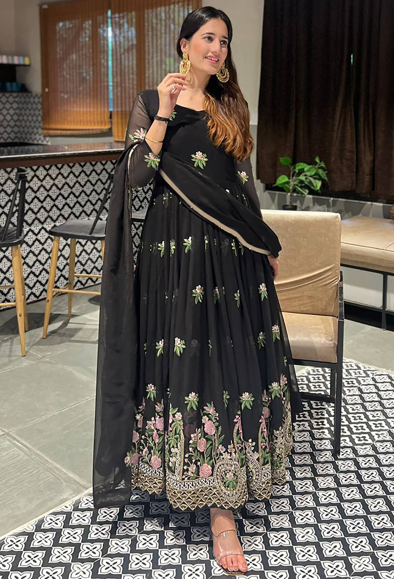     			Trijal Fab Black Anarkali Georgette Women's Stitched Ethnic Gown ( Pack of 1 )