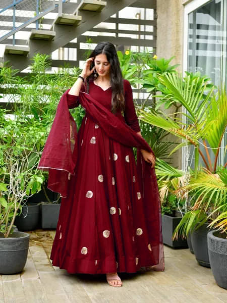     			Trijal Fab Maroon Anarkali Georgette Women's Stitched Ethnic Gown ( Pack of 1 )