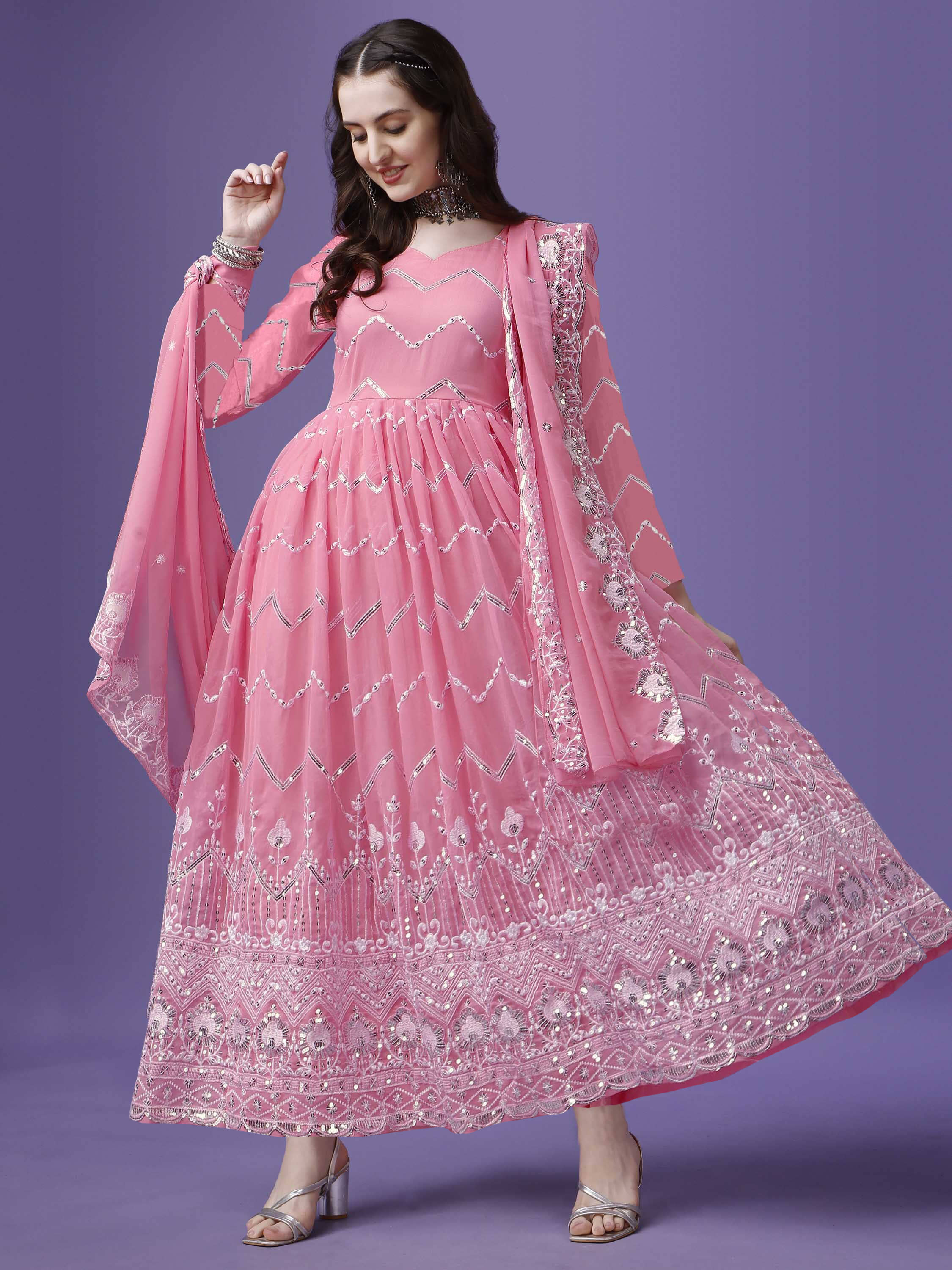 Trijal Fab Pink Anarkali Georgette Women's Stitched Ethnic Gown ( Pack of 1 ) - Unstitched Fabrics | Buy online on ZillyBuy