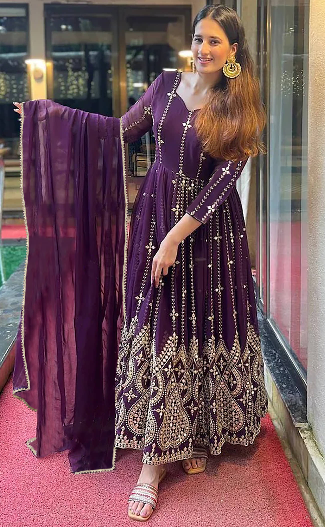 Trijal Fab Purple Anarkali Georgette Women's Stitched Ethnic Gown ( Pack of 1 ) - Unstitched Fabrics | Buy online on ZillyBuy