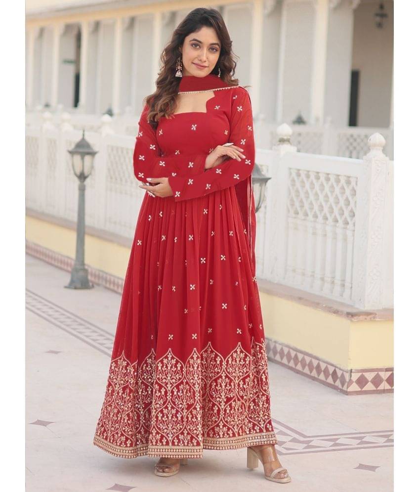 Trijal Fab Red Anarkali Georgette Women's Stitched Ethnic Gown ( Pack of 1 ) Trijal Fab Red Anarkali Georgette Women's Stitched Ethnic Gown ( Pack of 1 )
