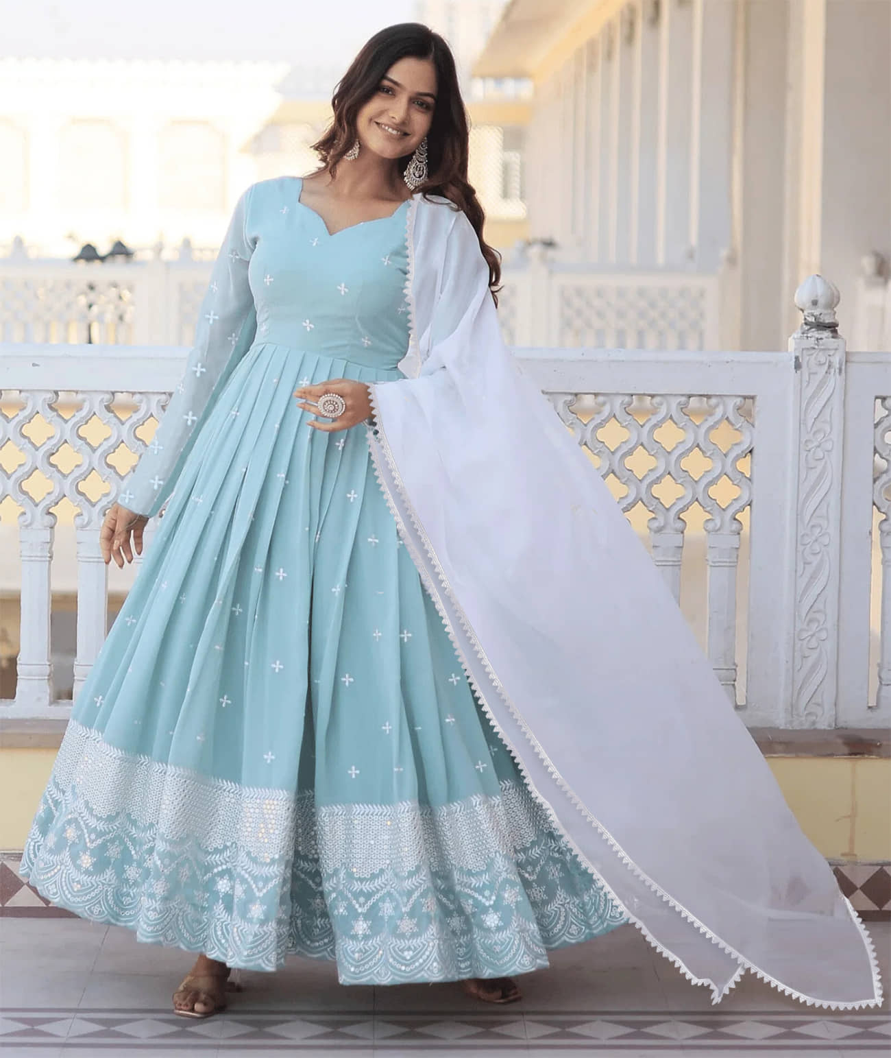 Trijal Fab Turquoise Anarkali Georgette Women's Stitched Ethnic Gown ( Pack of 1 ) - Unstitched Fabrics | Buy online on ZillyBuy