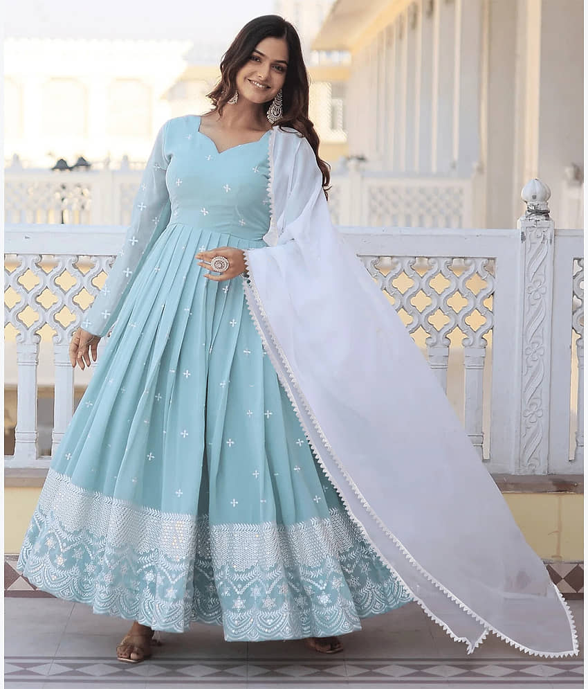 Trijal Fab Turquoise Anarkali Georgette Women's Stitched Ethnic Gown ( Pack of 1 ) - Unstitched Fabrics | Buy online on ZillyBuy