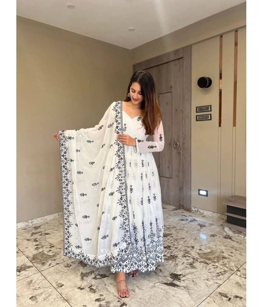 Trijal Fab White Anarkali Georgette Women's Stitched Ethnic Gown ( Pack of 1 )     			Trijal Fab White Anarkali Georgette Women's Stitched Ethnic Gown ( Pack of 1 )