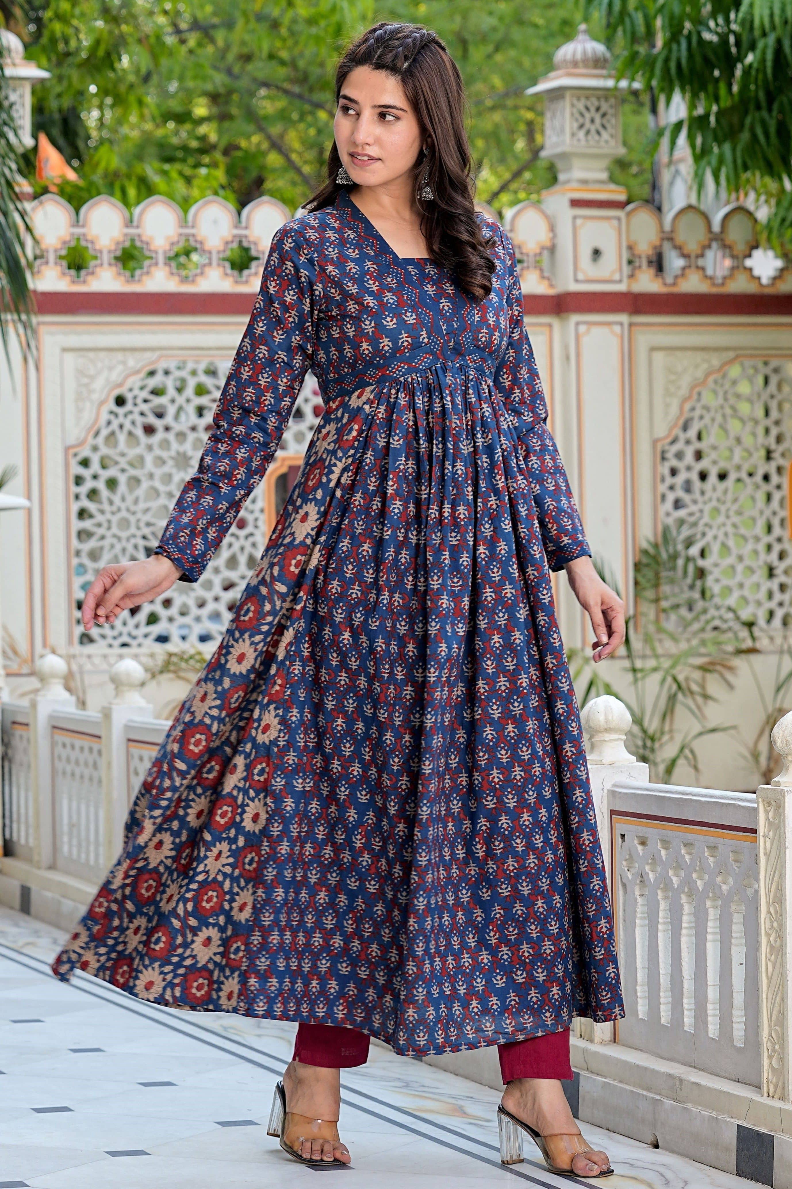 Vbuyz Cotton Printed Anarkali Women's Kurti - Blue ( Pack of 1 ) - Kurtis, Tunics | Buy online on ZillyBuy