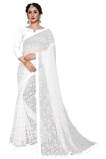     			Vkaran Net Cut Outs Saree With Unstitched Blouse Piece ( White )